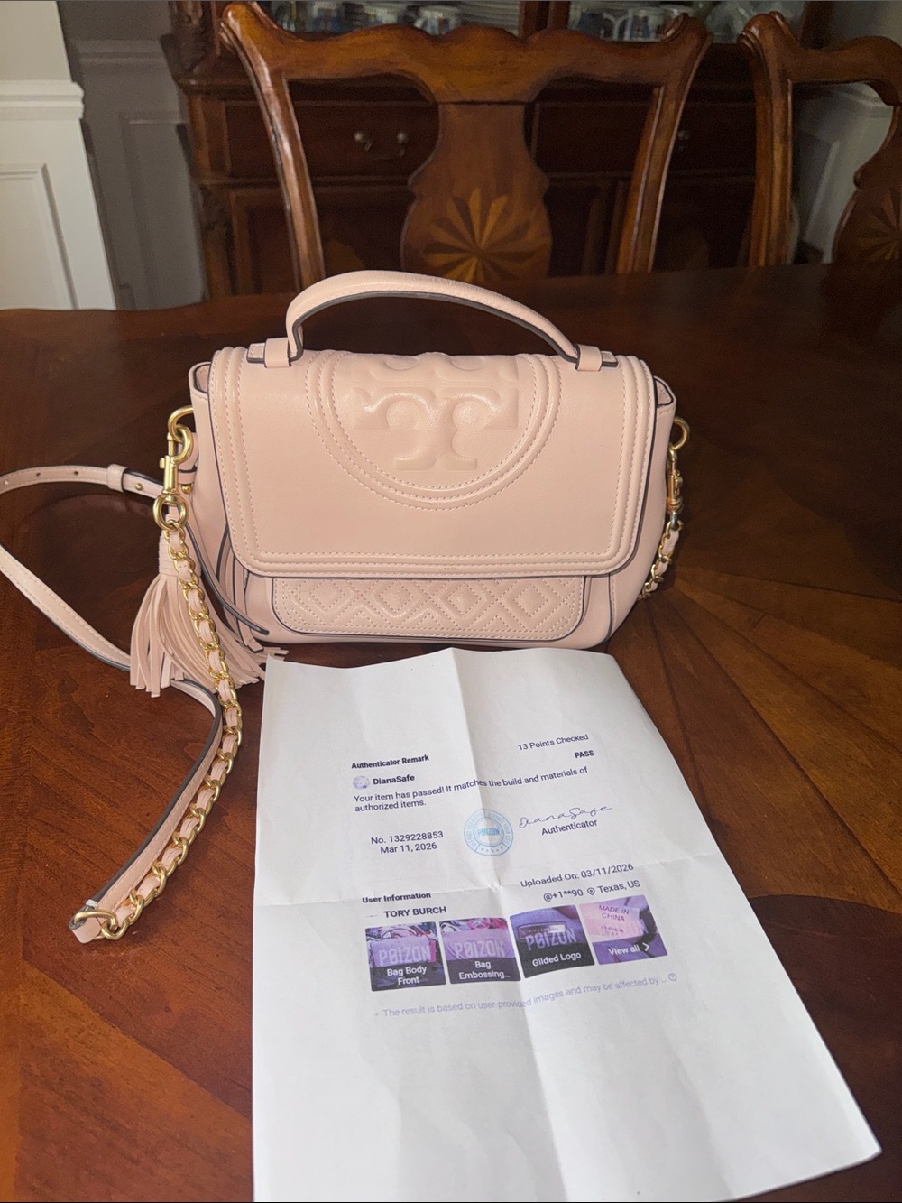 Tory Burch Fleming Blush Quilted Top-Handle Satchel with Tassel - Picture 10 of 13